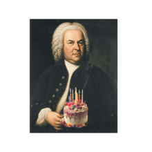 JS Bach holding a birthday cake with candles instead of a music manuscript.